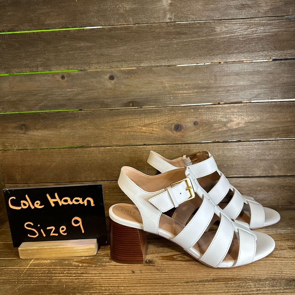 New Womens‎ Cole Haan Josie White Leather Strappy Heeled Sandals Shoes Size 9 B